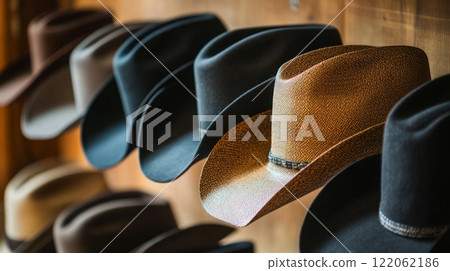 A collection of cowboy hats in different colors and styles hangs on a wooden wall, showcasing craftsmanship and Western fashion. 122062186