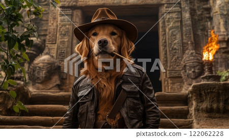 A golden retriever dressed in a leather jacket and hat stands confidently near ancient temple ruins, showcasing a playful sense of adventure while holding a stick in its mouth. 122062228