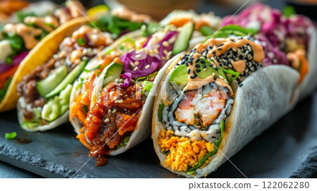 Colorful sushi tacos filled with shrimp, spicy sauce, vegetables, and garnished with sesame seeds are arranged on a slate platter. 122062280