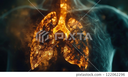 Illuminated human lungs display stunning details and intricate patterns, emphasizing their structure and function in a scientific exploration focused on respiratory health and anatomy. 122062296