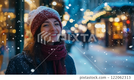 A young woman with a warm smile stands on a snow-dusted street, surrounded by twinkling holiday lights and festive decorations. 122062313
