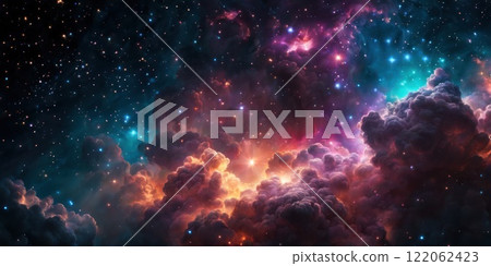 Colorful cosmic nebula veiled in space dust, a celestial spectacle. Fantastic space nebula with glowing cosmic clouds on black background. Universe, stars and galaxies clusters of fantastic worlds. AI Colorful cosmic nebula veiled in space dust, a celestial spectacle. Fantastic space nebula with glowing cosmic clouds on black background. Universe, stars and galaxies clusters of fantastic worlds. AI 122062423