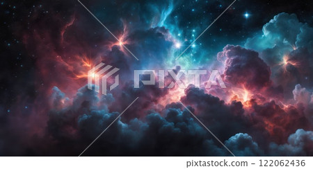 Colorful cosmic nebula veiled in space dust, a celestial spectacle. Fantastic space nebula with glowing cosmic clouds on black background. Universe, stars and galaxies clusters of fantastic worlds. AI 122062436