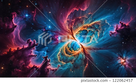 Colorful cosmic nebula veiled in space dust, a celestial spectacle. Fantastic space nebula with glowing cosmic clouds on black background. Universe, stars and galaxies clusters of fantastic worlds. AI 122062457