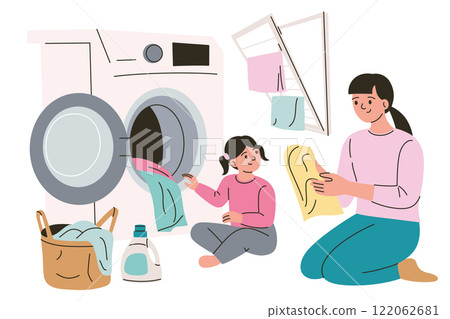 Vector illustration of family laundry routine with mother and daughter, washing machine, detergent, and drying rack. Flat cartoon style, colorful modern design for household and parenting themes 122062681