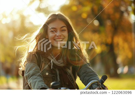 A cheerful young woman riding a bike through a park on a sunny autumn day, with golden leaves and a radiant smile reflecting joy and freedom 122063096