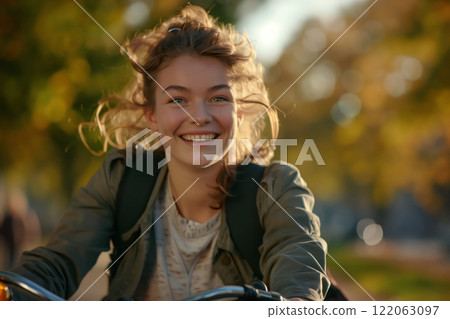 A happy young woman cycling outdoors in the autumn sunshine, her hair flowing in the breeze, and a joyful smile radiating energy and positivity A happy young woman cycling outdoors in the autumn sunshine, her hair flowing in the breeze, and a joyful smile radiating energy and positivity 122063097