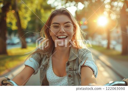 A cheerful young woman cycling on a sunny day, wearing glasses and smiling brightly, surrounded by vibrant greenery and a warm golden glow 122063098