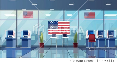 Modern voting station interior with American flags, electronic voting machines, and a clean, organized layout symbolizing democracy and civic responsibility 122063113