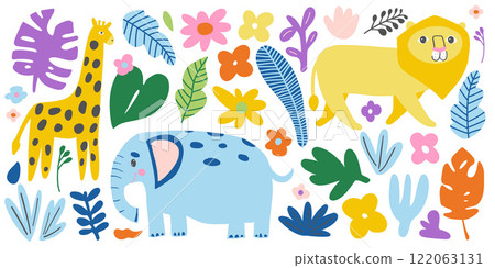 Playful jungle illustration with giraffe, lion, and elephant surrounded by tropical leaves and flowers. Great for kids' designs, safari themes, and wildlife decor 122063131