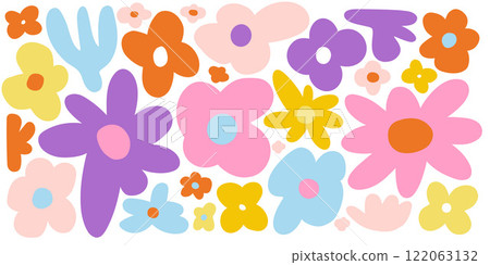 Vibrant floral design featuring colorful daisies in pink, orange, and yellow. Perfect for spring decor, patterns, and nature-inspired artwork 122063132