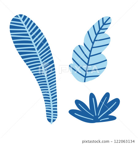 Stylish tropical blue leaves on a white background. Minimalist and modern, ideal for botanical patterns, summer projects, and elegant home decor. 122063134