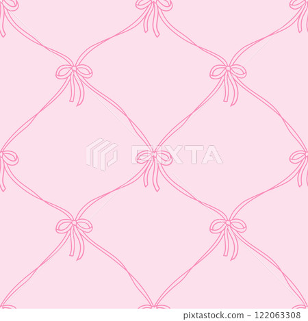 Retro coquette seamless pattern with thin ribbons and bows. Vector vintage background. Girly coquettish pastel aesthetic for Valentines day Retro coquette seamless pattern with thin ribbons and bows. Vector vintage background. Girly coquettish pastel aesthetic for Valentines day 122063308