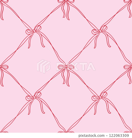 Retro coquette seamless pattern with thin ribbons and bows. Vector vintage background. Girly coquettish aesthetic for Valentines day 122063309
