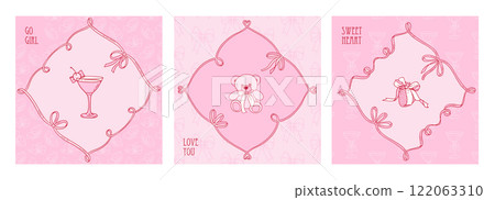 Coquette Vintage Valentine s cards set with bows and ribbons. Girly square covers. Vector minimalistic hand drawn Illustrations collection Coquette Vintage Valentine s cards set with bows and ribbons. Girly square covers. Vector minimalistic hand drawn Illustrations collection 122063310