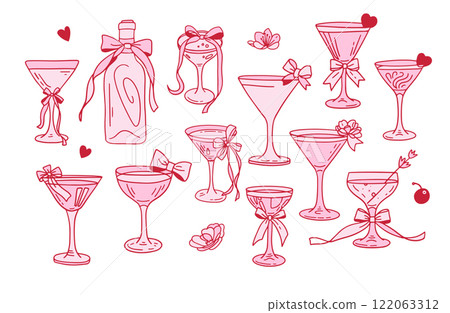 Coquette Cocktails set with flower, cherry and bottle. Cute y2k aesthetic glasses with crafts bows, pink ribbon. Decoration valentine party elements. Flat contour hand drawn vector illustration, 122063312