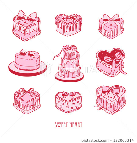 Cute heart shaped cakes set with bows. A sweet dessert in coquette girly style of y2k. Vector hand drawn contour illustration 122063314