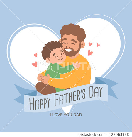 Happy Father's Day greeting card with with cute dad holding his son. Holiday illustration in flat style  Holiday illustration in flat style. 122063388