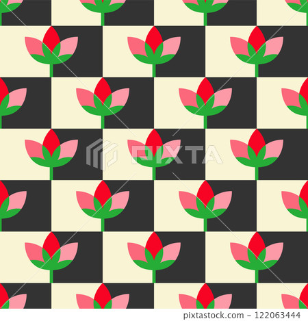 Checkered board bright flower shape abstract seamless pattern. Decorative geometrical grid. Black white pink shades vintage colours palette. Graphical ornamental background. Cute vector illustration 122063444