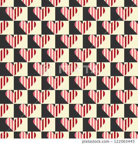 Checkered board stripe heart shape abstract seamless pattern. Decorative geometrical grid. Black white pink red shades vintage colours palette. Graphical ornamental background. Vector illustration Checkered board stripe heart shape abstract seamless pattern. Decorative geometrical grid. Black white pink red shades vintage colours palette. Graphical ornamental background. Vector illustration 122063445