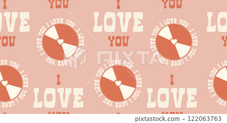 Happy Valentine's Day pattern of holiday.Love.Romantic poster with vinyl record and text-love you-on pink background.Perfect for gift card. 122063763