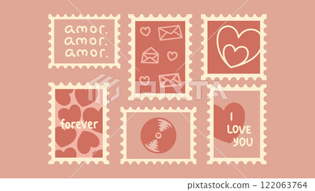 Retro stamps for Valentine's Day.Hearts, letters,envelopes,amor,text,vinyl record.Poster and cards.Holiday days.I love you.Romance, falling in love. Retro stamps for Valentine's Day.Hearts, letters,envelopes,amor,text,vinyl record.Poster and cards.Holiday days.I love you.Romance, falling in love. 122063764