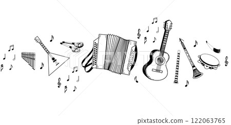 Folk musical instruments, accordion, balalaika, horn, flute, spoons, notes, acoustic guitar. All objects are hand-drawn in vector, suitable for printing on posters, invitations, postcards. 122063765
