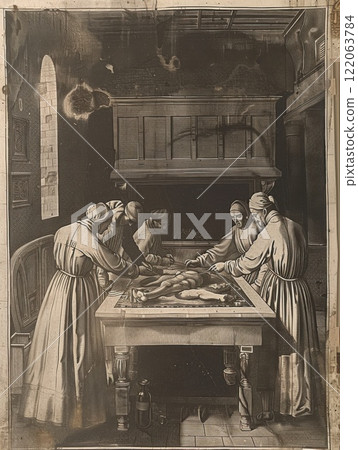 Detailed medieval engraving of a medical operation. Black and white scene with doctors, tools, and anatomy studies, reflecting history, science, and traditional craftsmanship 122063784