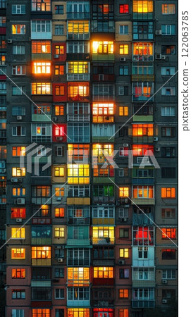 Dramatic red and orange hues illuminate apartment windows at night, showcasing a unique urban perspective. Perfect for capturing the warmth of city evenings 122063785