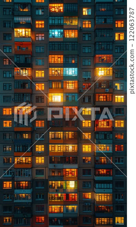 Brightly lit apartment windows glow in various warm hues, creating a stunning urban nightscape. A vibrant reflection of modern city life and architectural beauty Brightly lit apartment windows glow in various warm hues, creating a stunning urban nightscape. A vibrant reflection of modern city life and architectural beauty 122063787