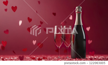 Bottle of champagne with two glasses on a table ready for celebration or special occasion 122063805