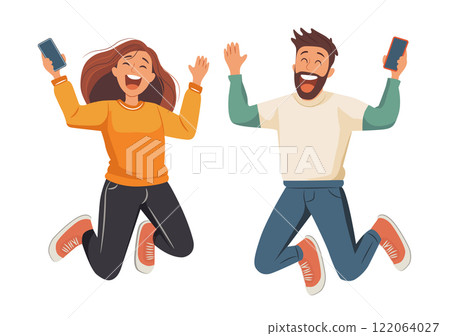 Happy woman and man with smartphones in their hands. Cheerful people jumping for joy. Vector illustration on white background. Happy woman and man with smartphones in their hands. Cheerful people jumping for joy. Vector illustration on white background. 122064027