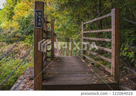 Walking across a Tochigi Bridge amidst fresh greenery near Nagashima Park in autumn in Kawanehon Town (Shizuoka Prefecture) 122064028