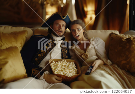 Historical Couple Watching TV with Popcorn 122064037