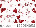 Romantic vector seamless hand drawn pattern, textile fabric print, background, wrapping paper design. Elegant, modern, simple and cute red, pink ink hearts, love lettering, Valentine's Day calligraphy Romantic vector seamless hand drawn pattern, textile fabric print, background, wrapping paper design. Elegant, modern, simple and cute red, pink ink hearts, love lettering, Valentine's Day calligraphy 122064058