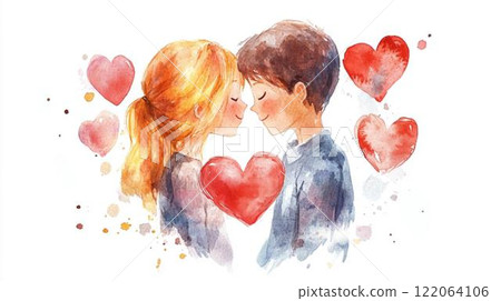 一對面對面的情侶和一顆紅心的插畫設計,以愛情和情人節為主題 一對面對面的情侶和一顆紅心的插畫設計,以愛情和情人節為主題 122064106