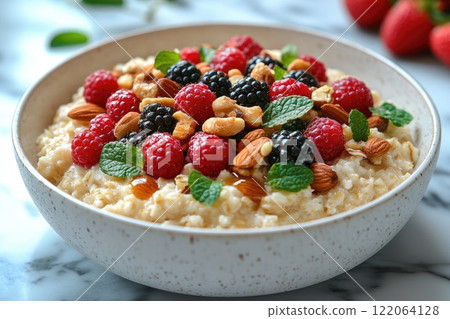 Colorful bowl of oatmeal topped with fresh berries, nuts, and mint leaves in a kitchen setting 122064128