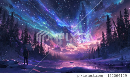Breathtaking aurora illuminates winter landscape with serene lake and tall pine trees at night 122064129