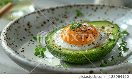 Delicious avocado half baked with egg yolk, garnished with fresh herbs and spices on a rustic plate 122064130