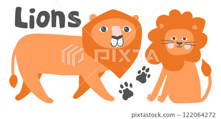 Adorable lions with vibrant orange manes, playful expressions, and paw prints. Perfect for childrens designs, jungle themes, and wildlife-inspired art 122064272