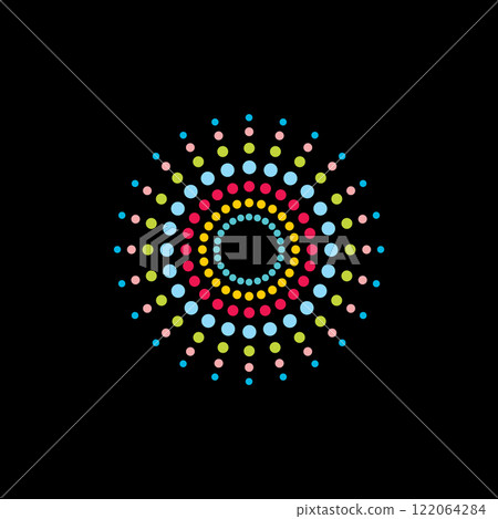 Holographic beams of dots isolated on a black background, 80-x style background texture, illuminate abstract background 122064284