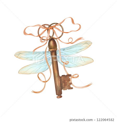Fantasy vintage key with delicate dragonfly wings and tied with satin bow watercolor illustration isolated background. Fairy key with metal shabby texture in retro style. For poster, card design 122064582