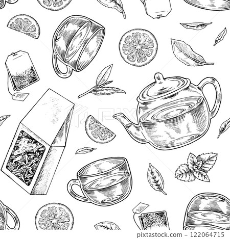 Seamless vector tea pattern featuring hand drawn cups, teapots, teabags, and leaves in black and white. Vintage line art design perfect for wrapping, packaging or textile prints. Elegant and editable Seamless vector tea pattern featuring hand drawn cups, teapots, teabags, and leaves in black and white. Vintage line art design perfect for wrapping, packaging or textile prints. Elegant and editable 122064715