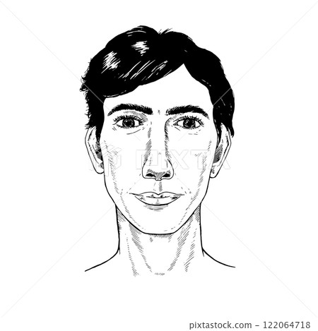 Vector portrait of a young man with curly hair, thick eyebrows, and a serious expression. Hand drawn black and white sketch in a lifelike, realistic style with detailed line art Vector portrait of a young man with curly hair, thick eyebrows, and a serious expression. Hand drawn black and white sketch in a lifelike, realistic style with detailed line art 122064718