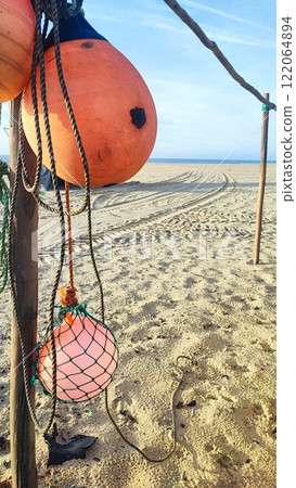 Fishing equipment on the shore of the North Atlantic Ocean in Portugal. concept of ecological catch, fishery Fishing equipment on the shore of the North Atlantic Ocean in Portugal. concept of ecological catch, fishery 122064894