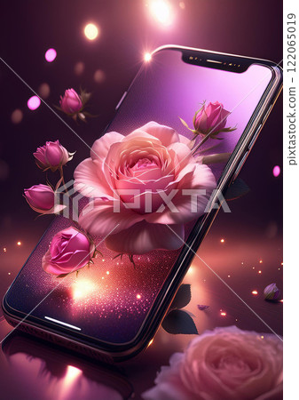 Pink roses popping out of your smartphone 122065019