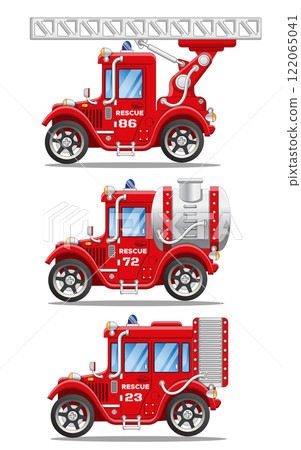 Set of vintage fire trucks. Side view. Isolated on white background. Vector illustration. Set of vintage fire trucks. Side view. Isolated on white background. Vector illustration. 122065041