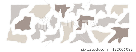 Torn paper pieces set with ripped edges and textured cutouts. Notebook scraps, frames, and borders collection for scrapbook templates. Flat vector illustration isolated on white background. 122065082