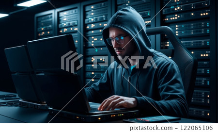 A Cybersecurity Expert Engaged in Tasks within a Server Room Environment, Ensuring Security 122065106
