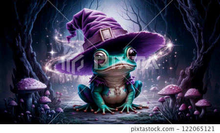 An Enchanted Frog Wearing a Wizard Hat, Surrounded by a Magical and Mystical Forest 122065121